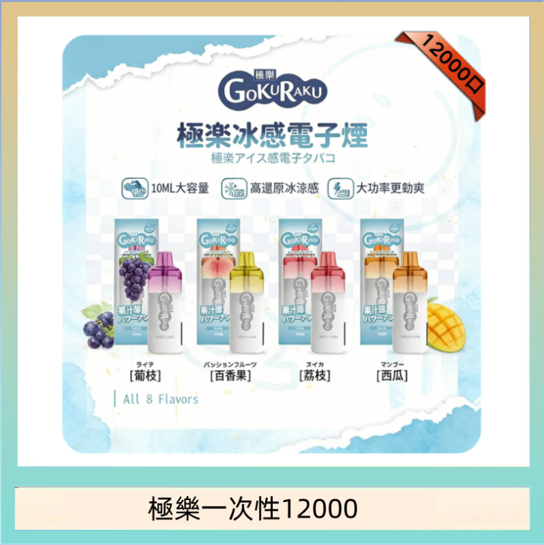 極樂一次性12000 【8種口味】極楽 12000口一次性電子煙|超大容量 |口感絲滑|新品